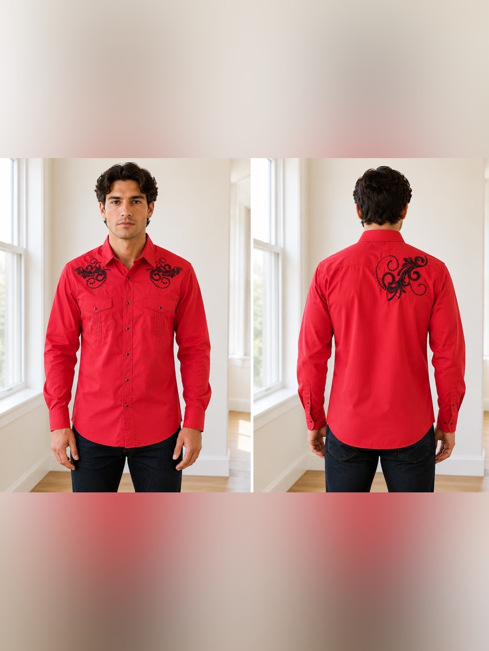 El General Red Button-Down Shirt with Black Embroidery XXL